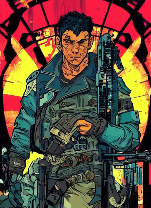 Prompt: hector. cyberpunk mercenary with scenic background. portrait illustration, pop art, splash painting, art by ashley wood, alphonse mucha, laurie greasley and josan gonzales. cinematic. beautiful lighting.