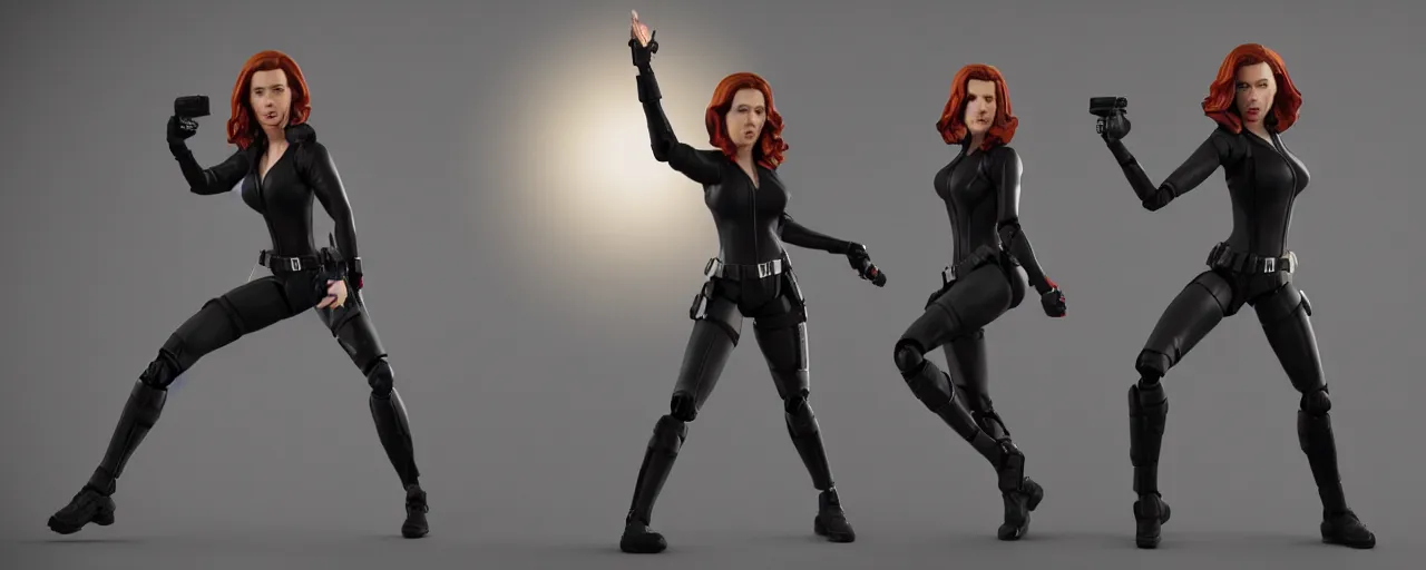 Prompt: action figure of Black Widow Scarlett Johansson in a dynamic pose, full subject in frame, cinematic, vray rendering, 3d occlusion