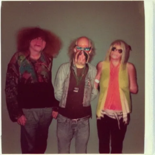 Prompt: a found polaroid photo of hippie trash humpers in the backrooms