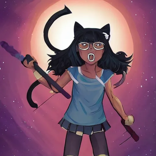 Image similar to a fierce looking 7 year old girl with cat ears, yelling, raising a scepter above her head, angry cats running in front of her futuristic medium shot, highly coherent, saga comic, fiona staples