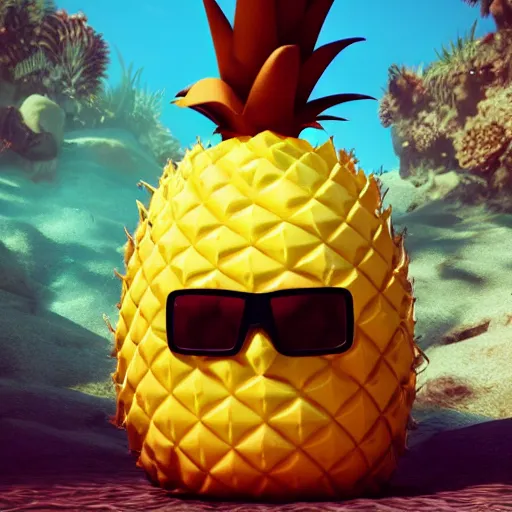 Prompt: a single delicious pineapple with sunglasses and a big toothy grin sitting underwater, digital art, concept art, trending on DeviantArt, trending on Artstation, high quality, 8K HDR, octane render, unreal engine 5, path tracing, dramatic lighting, cinematic, highly detailed, hyper realistic, medium shot