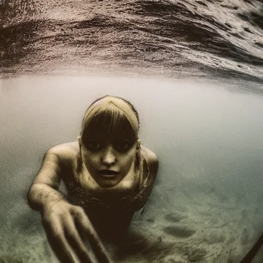 Image similar to sea monster about to eat pov underwater, pale skin, dark yellowish water, foggy water, dark, dramatic,'silent hill ', big eyes, alluring and terrifying, cinematic