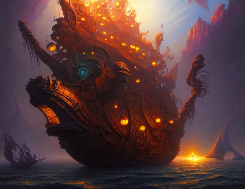 Prompt: the flying magical galleon moves through the multiverse, amazing d & d planescape art, trending on artstation, beautiful digital painting in the style of dan mumford, volumetric lighting, intricate details, ultra realistic, art by kev chan, fantasypunk, deep colors, cgsociety, by art germ, by gerald brom, by peter mohrbacher