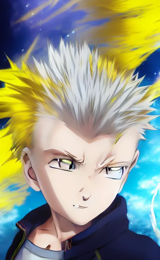 Prompt: Anime key visual of a young boy with spikey yellow hair and lightning powers, portrait, white background, Illustrated by Kohei Horikoshi, high quality face, detailed eyes, big eyes, official media, 8k, anime, detailed, HD, trending on artstation, Illustrated by Makoto Raiku, from my hero academia