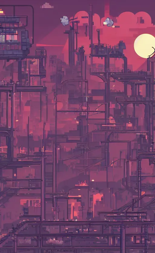 Prompt: 2D post-industrial city with moons, 8 bits graphics, flat, SNES game, crushed quality, low contrast, low light, color gradient, low saturation, heavy color compression filter, melting reality