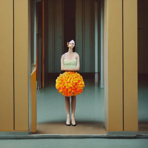 Prompt: giant flower head, frontal, woman standing in mid century building, surreal, symmetry, bright, tone in tone, cinematic, wes anderson