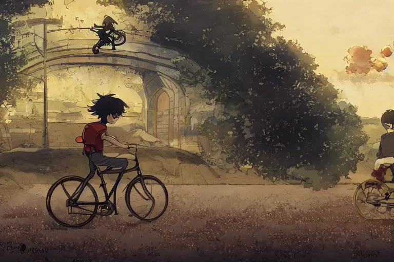 Prompt: a boy riding his bike alone, high intricate details, rule of thirds, golden ratio, cinematic light, anime style, graphic novel by fiona staples and dustin nguyen, by beaststars and orange, peter elson, alan bean, studio ghibli, makoto shinkai