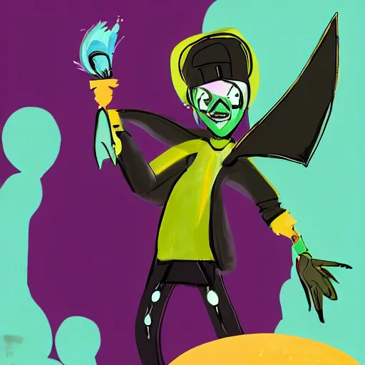 Image similar to character designs for a fashionable nonbinary icon wearing a large gothic manta ray cloak, sells empty spray paint cans as a scam and is always covered in paint, always acting delightedly shady, designed by splatoon nintendo, inspired by tim shafer psychonauts 2 by double fine, cgi, professional design, gaming