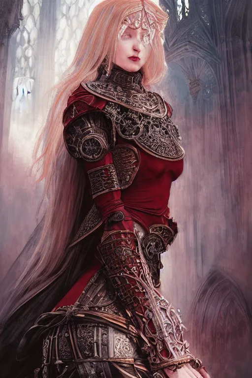 Image similar to beautiful luxury and gothic and victorian and holy medieval female reddish and white color armor knight portrait+smoky eyes+light flowing hair, in ruin gothic cathedral, ultradetail face, art and illustration by tian zi and craig mullins and WLOP and alphonse mucha, fantasy, intricate complexity, human structure, fantasy world concept, watermark, blurry, hyperrealism 8k