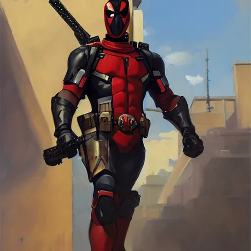 Image similar to greg manchess portrait painting of armored deadpool as overwatch character, medium shot, asymmetrical, profile picture, organic painting, sunny day, matte painting, bold shapes, hard edges, street art, trending on artstation, by huang guangjian and gil elvgren and sachin teng