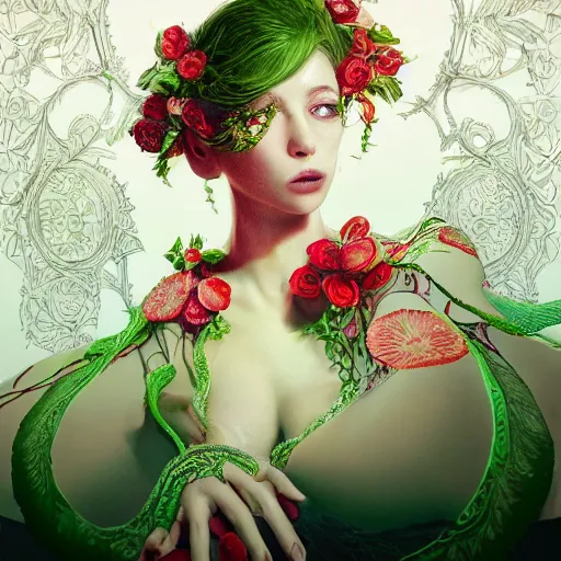 Prompt: the portrait of an absurdly beautiful, graceful, elegant, sensual woman made of strawberries and green petals, an ultrafine hyperdetailed illustration by kim jung gi, irakli nadar, intricate linework, bright colors, octopath traveler, final fantasy, unreal engine 5 highly rendered, global illumination, radiant light, detailed and intricate environment