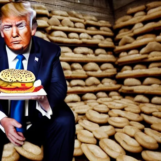 Prompt: Donald trump sitting on a pile of hamburgers in a bank vault, AP photography