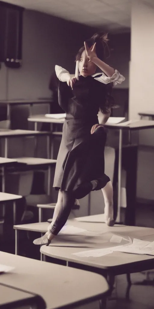 Image similar to tilted frame, dutch angle, skewed shot, film still of stylish girl dancing on school desk, cinematography from music video, intricate, elegant, highly detailed, smooth, sharp focus,