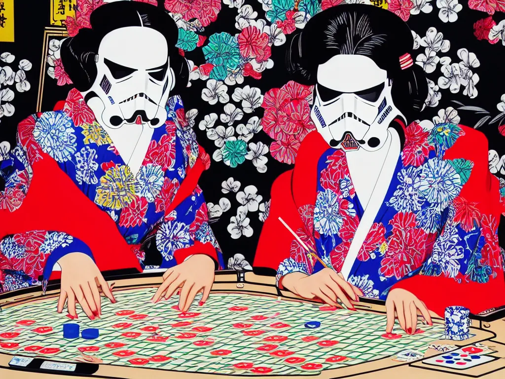 Image similar to hyperrealism composition of the detailed single woman in a japanese kimono sitting at an extremely detailed poker table with stormtrooper, fireworks, river on the background, pop - art style, jacky tsai style, andy warhol style, acrylic on canvas