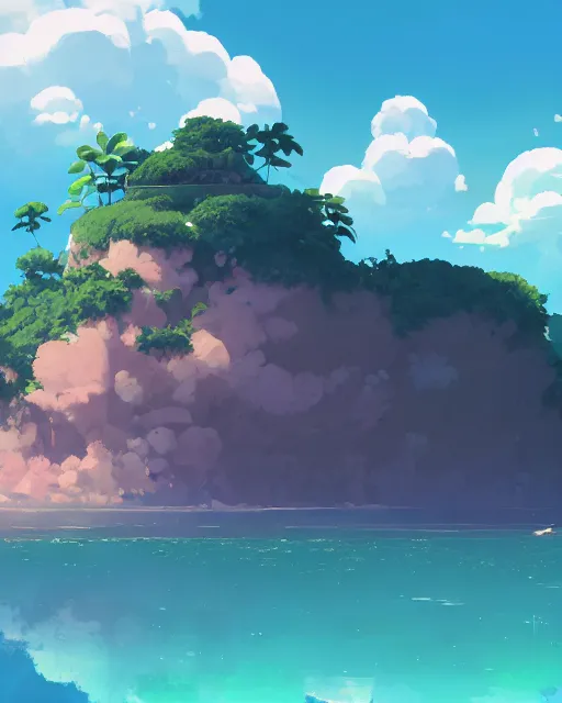 Prompt: a forgotten island with lush vegetation, beautiful clouds, azure water, cory loftis, james gilleard, atey ghailan, makoto shinkai, goro fujita, studio ghibli, rim light, exquisite lighting, clear focus, very coherent, plain background, soft painting