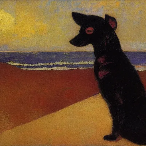 Image similar to a woman and her black and brown chihuahua looking out to sea by odilon redon