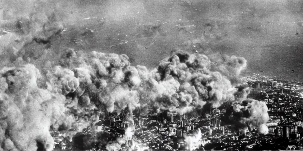 Prompt: the bombing of rio de janeiro ( 1 9 3 0 ), historical photograph, highly detailed, 4 k, real, big explosions, fire, destruction, early 2 0 th century, wide angle,