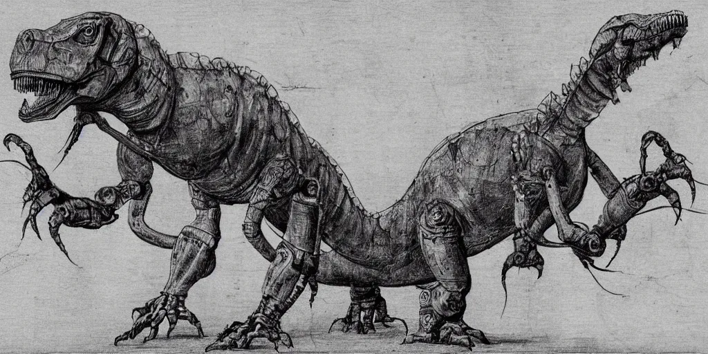 Image similar to leonardo da vinci's technical sketch of a robotic dinosaur, highly detailed