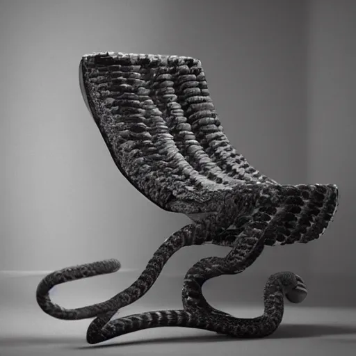 Image similar to a chair made out of snakes, trending on artstation, depth field, unreal engine, cinematic, hyper realism, high detail, octane cinema 4 d render, a 2 4 cinematography, 8 k
