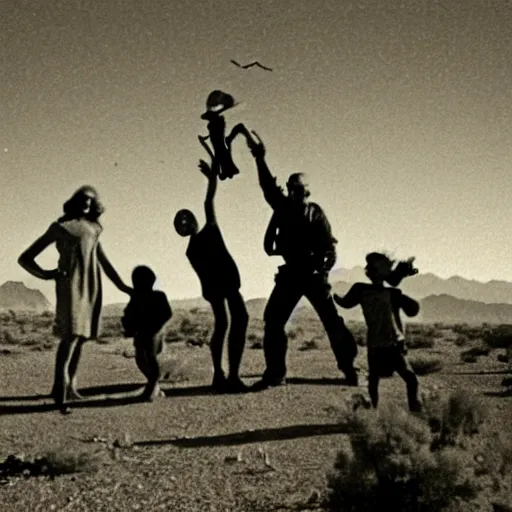 Prompt: 1 9 6 0 s utah desert at night stars in sky background ufo crash fire women and child in awe terrified faces alien arm reaching