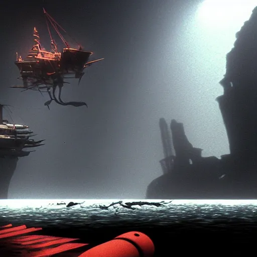 Image similar to pirate spaceship!!! flying underwater!! fog, volumetric light, terry gilliam!!!! style