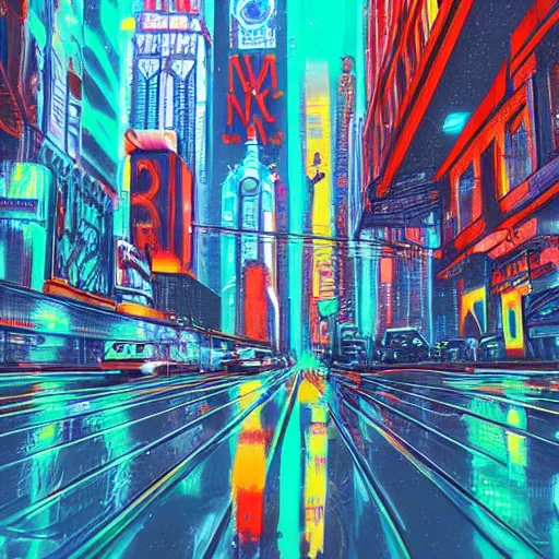 Image similar to realism retro-futuristic new-york robots city grafitti neon rain reflection,8k