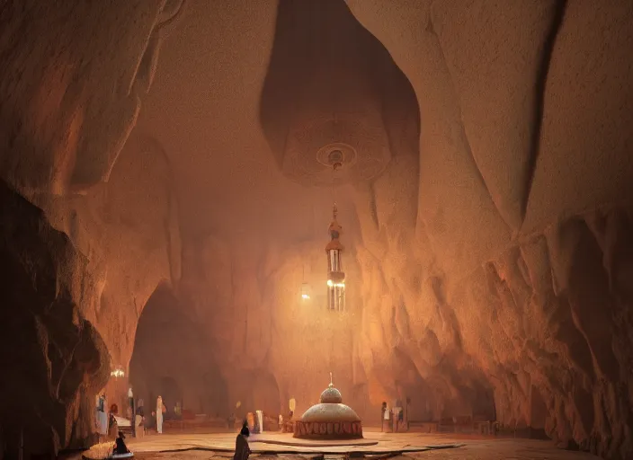 Image similar to a mosque inside a cave, red iranian mat, holy by caspar david friedrich by james gilleard and justin gerard, artstation, smooth, sharp focus, by jean baptiste, octane render