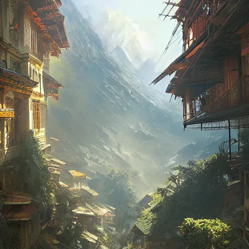 Prompt: ultra wide painting of nepal in year 2 0 7 7, ultra realistic, concept art, intricate details, eerie, highly detailed, photorealistic, octane render, 8 k, unreal engine. art by artgerm and greg rutkowski and alphonse mucha