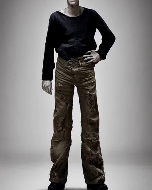 Image similar to an award - winning photo of an ancient male model wearing a plain boot cut flared distressed medieval designer menswear trousers designed by comme des garcons, 4 k, studio lighting, wide angle lens, 2 0 0 4