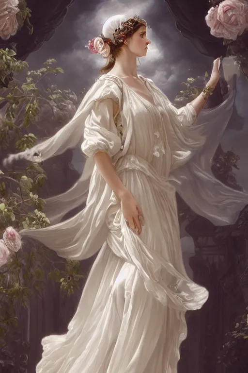 Image similar to woman dressed in a vaporous wrapped large victorian white roses semi transparent silk rose dress fashion, renaissance panorama behind her,D&D, fantasy, intricate, elegant, highly detailed, digital painting, artstation, concept art, matte, sharp focus, illustration, art by Artgerm and Greg Rutkowski and Alphonse Mucha