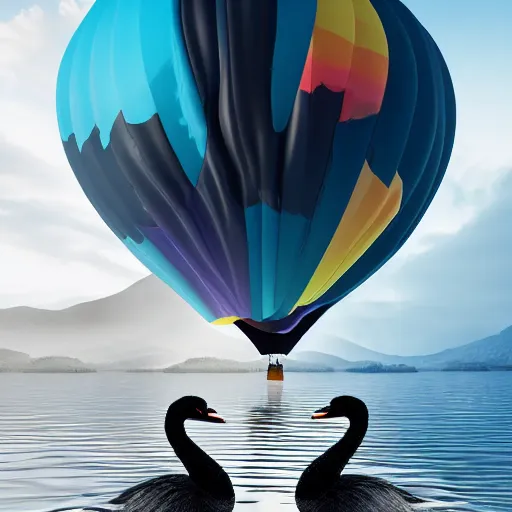 Image similar to photo of two black swans swimming in a beautiful reflective mountain lake, touching heads, forming a heart with their necks, a colorful hot air balloon is flying above the swans, hot air balloon, intricate, portrait, 8k highly professionally detailed, HDR, CGsociety, octane render, 4k