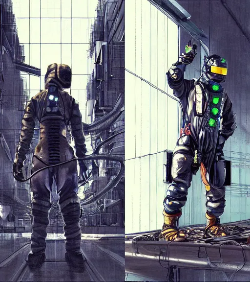 Image similar to realistic cyberpunk japanese engineer with long limbs and a black spacesuit welding a wall, techwear, dead space, visible face, Industrial Scifi, detailed illustration, character portrait, by Martin Grip and Moebius