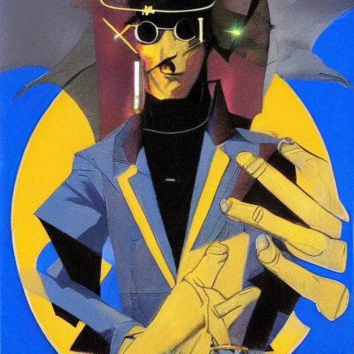 Image similar to portrait of the hacker cyberpunk magician in a dramatic jojo pose tarot card, golden blue outfit, oil on canvas by dave mckean and ryuichi sakamoto