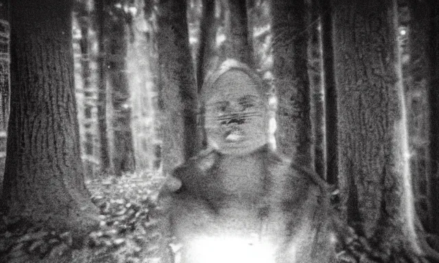 Image similar to hidden face looking at camera in forest at night, 70s photo, out of focus, motion blur, cctv footage, horror movie, horror lighting, blair witch project, old photo