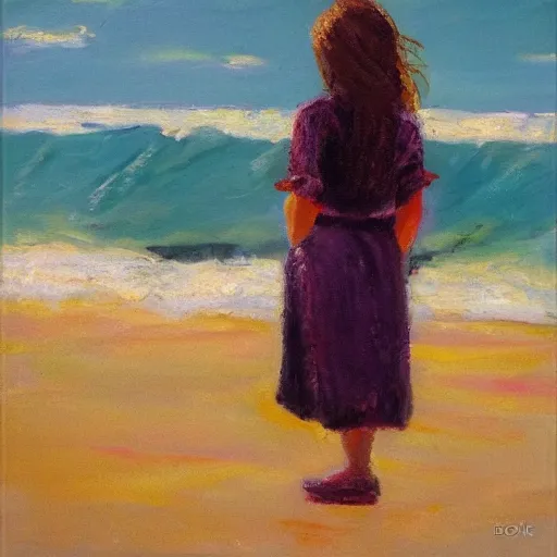 Prompt: girl looking at the ocean waves, Leon Bosko style n- 6