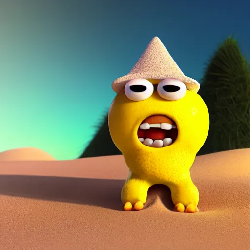 Prompt: 3 d octane render, of an anthropomorphic lemon character inspired by cartoon adventure time with lemon skin texture, it is wearing a hat, building a sandcastle on the beach at sunset, beach, huge waves, sun, clouds, long violet and green trees, rim light, cinematic photography, professional, sand, sandcastle, volumetric lightening