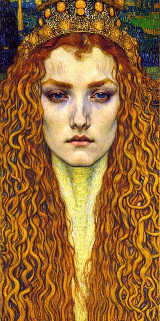 Image similar to detailed realistic beautiful young medieval queen face portrait by jean delville, gustav klimt and vincent van gogh, art nouveau, symbolist, visionary, gothic, pre - raphaelite, muted earthy colors, desaturated