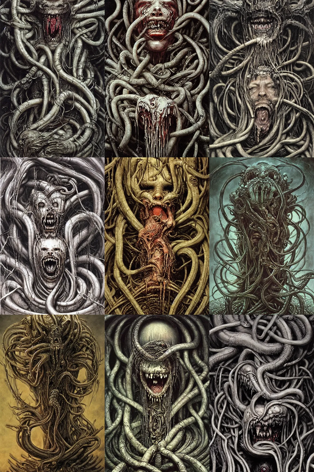 Prompt: White Ragworm gushing out of Medusa\'s mouth, dramatic, art style hr giger and beksinski , super details, dark dull colors, ornate Giger background, mysterious, eerie, sinister