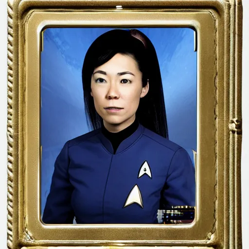 Prompt: portrait of the federation flight deck officer tanigawa yumiko, star trek universe, realistic photo