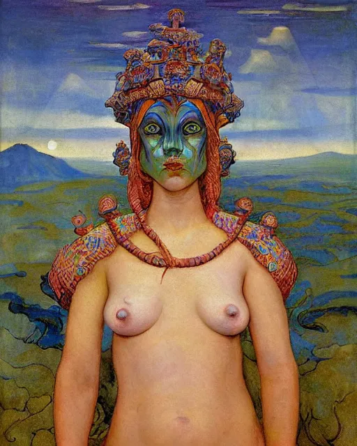 Image similar to the crown of mist and clouds, by Annie Swynnerton and Nicholas Roerich and Diego Rivera, bioluminescent skin, elaborate costume, geometric ornament, symbolist, cool colors like blue and green and violet, smooth, sharp focus, extremely detailed