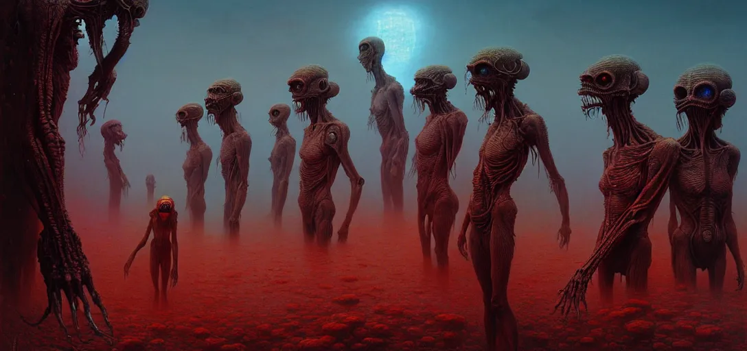 Prompt: hellish translucent alien creatures with realistic human faces and skin on an alien world, artstyle zdzisaw beksinski and greg rutkowski, very intricate details, high resolution, 4 k