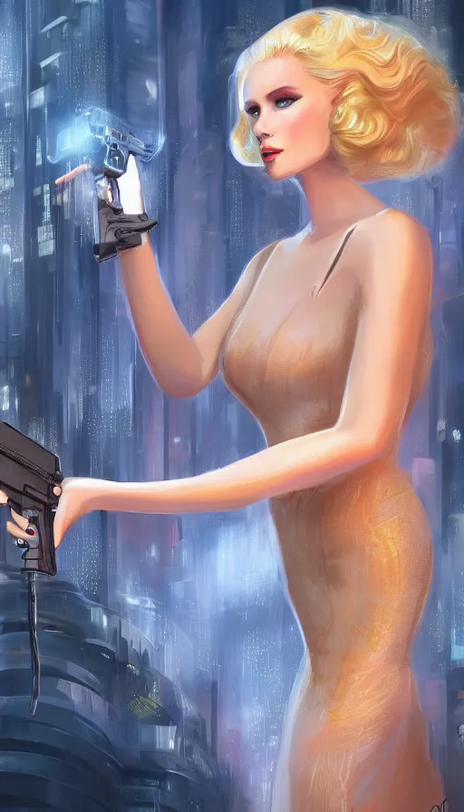 Prompt: a portrait of a beautiful blonde femme fatale woman wearing a cocktail dress, and pointing a pistol, long hair, in a futuristic blade runner city, art by Greg Orbik, Pixar, trending on Artstation, 8K,