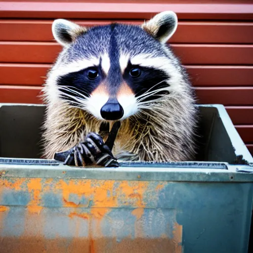 Prompt: raccoon in a leather jacket and playing guitar in a dumpster