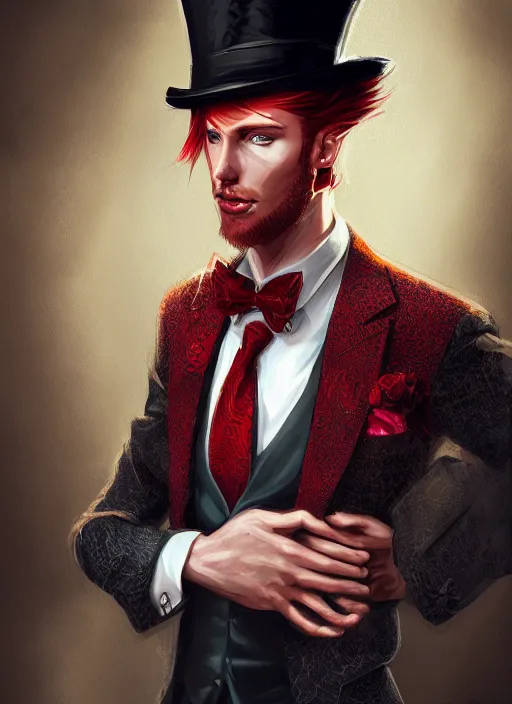 Image similar to a highly detailed illustration of stylish top hat wearing red haired attractive man, wearing suit vest, cool flashy posing, intricate, elegant, highly detailed, centered, digital painting, artstation, concept art, smooth, sharp focus, league of legends concept art, WLOP