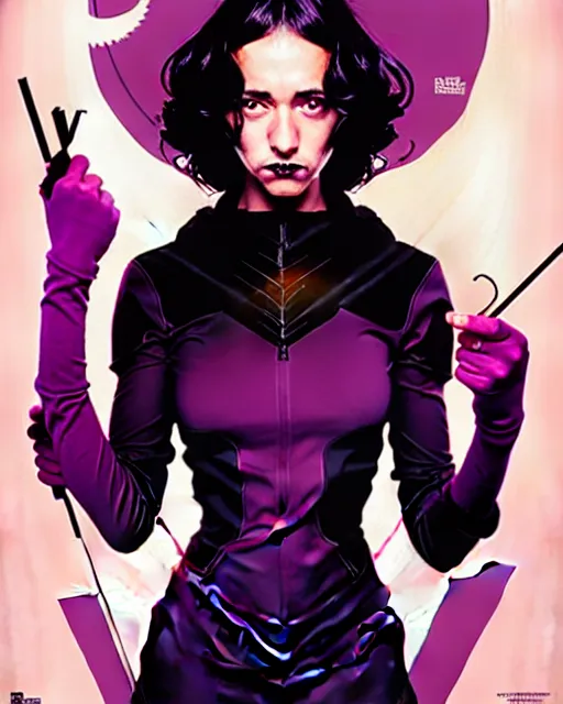 Image similar to Rafael Albuquerque comic cover art, artgerm, Joshua Middleton, pretty Stella Maeve witch doing black magic, serious look, purple dress, symmetrical eyes, symmetrical face, long black hair, full body, dark forest, cool colors