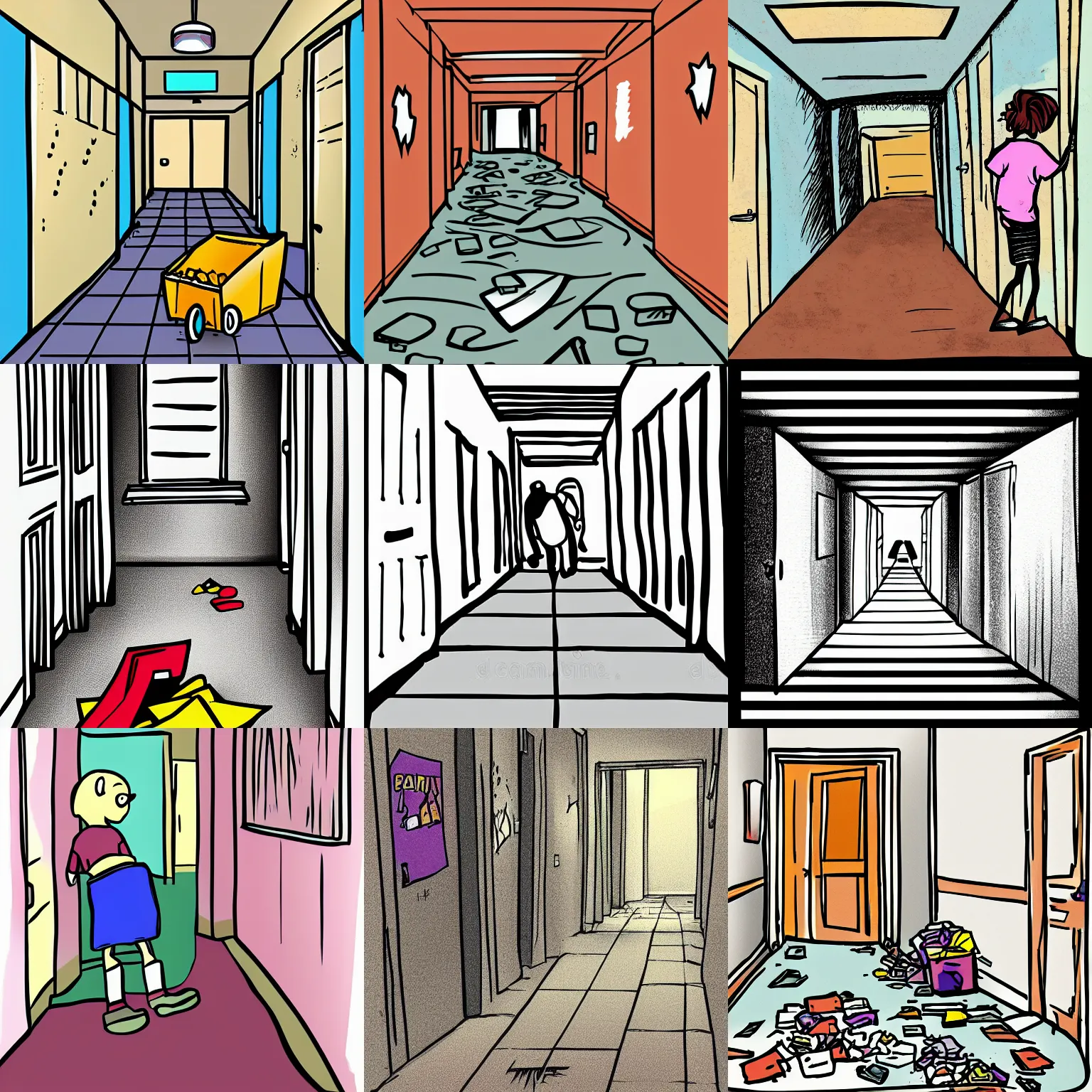 Prompt: garbage in hallway, cartoon, digital illustration