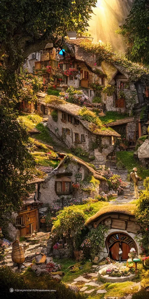 Image similar to my precious! - the hobbit - j. r. r. tolkien - a medieval village in switzerland, ornate, beautiful, atmosphere, vibe, flowers, concept art illustration, greg rutowski, volumetric lighting, sunbeams, particles