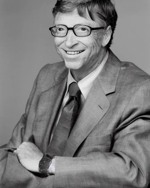 Image similar to portrait photograph of bill gates grinning, by yousuf karsh, highly detailed, dslr photography