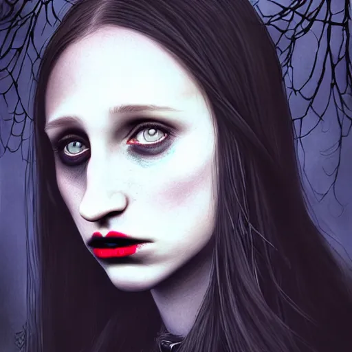 Prompt: gorgeous female Taissa Farmiga witch, black lips, realistic character concept, full body shot, spooky, black magic, illustration, symmetrical face and body, realistic eyes, cinematic lighting, hyperdetailed, detailed realistic symmetrical eyes, cgsociety, high resolution, Charlie Bowater, single face, insanely detailed and intricate, beautiful, elegant, dark forest and trees