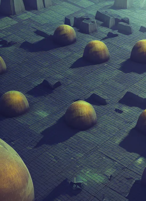 Image similar to isometric view, video game level design of a planet surface with ancient structures, Egyptian, unreal engine, Arnold render, octane render, moody, night, highly detailed, volumetric lighting, glow